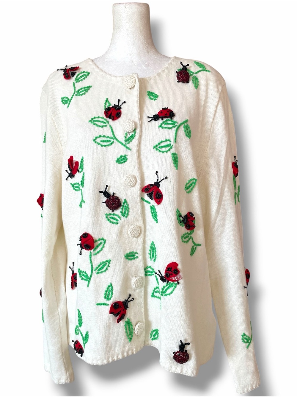 RARE Michael Simon 3D Ladybug Garden Art Cardigan Pristine Collector NWOT Large